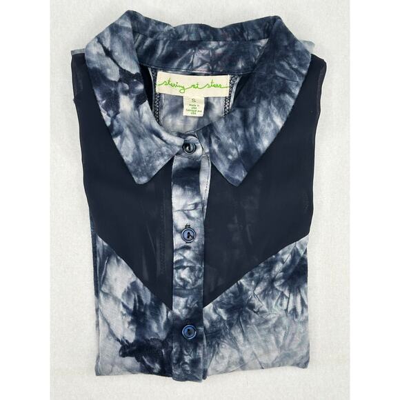 Staring At Stars Sleeveless Blue Tie-Dye Sheer Panel Button Top S - Picture 4 of 7
